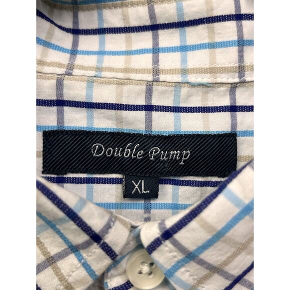 Double Pump Shirt Mens XL Plaid Blue Tan Button Down Long Sleeve‎ Pocket - Picture 4 of 6